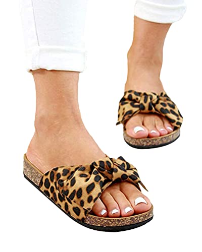 Tomwell Damen Sommer Sandalen Mit Fußbett Pantoletten Mit Schleife Flache Sommerschuhe Strand Schuhe Offen Slipper Sommer Damenschuhe Leopard 36 EU von Tomwell