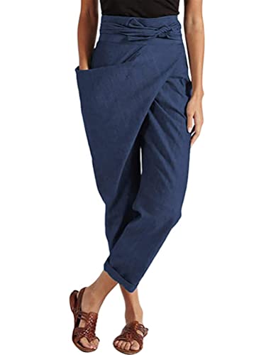 Tomwell Damen Sommerhose 7/8 Jogginghose Elegant Haremshose Baggy Mit Taschen Pumphose Einfarbig Leichte Yoga Freizeithose Strand Hose A Marine XL von Tomwell