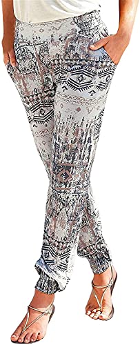 Tomwell Damen Sommerhose Haremshose High Waist Lose Straight Hose Boho Bedruckte Strandhosen Leicht Luftige Yogahose Mode Hippie Stoffhose Hofhosen Weiß01 XS von Tomwell