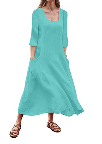 Tomwell Damen Sommerkleid Elegant Baumwolle Leinen Vintage Ärmellos Blumen Baggy Lose Beiläufige Lang Kleider Maxikleid Plus Size Kurzarm Kleid A Blau XL von Tomwell