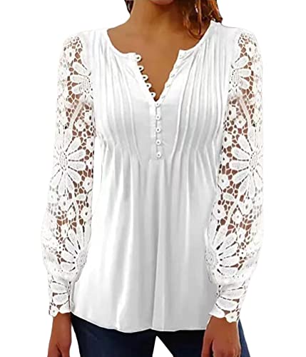 Tomwell Damen Spitzen Shirt Sexy Transparent Netz Top Rundhals Mode Langarm Blumenstickerei Oberseite Frauen Bluse A Weiß 3XL von Tomwell