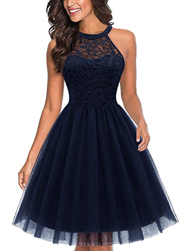 Tomwell Damen Spitzenkleid Sexy Ärmellos Abendkleid Kleid Hohe Taille Schlank Midi Kleid Swing Cocktailkleid Einfarbig Sommer Festlich Partykleid A Dunkelblau XS von Tomwell