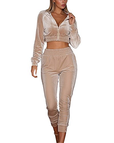 Tomwell Damen Sportanzüge Jogginganzug Jogginganzug Bekleidungsset Sport Freizeit Pullover Hose Set Frühling 2 Teilig Traingsanzug Bauchweg Jacke Freizeithose 1 Beige 36 von Tomwell