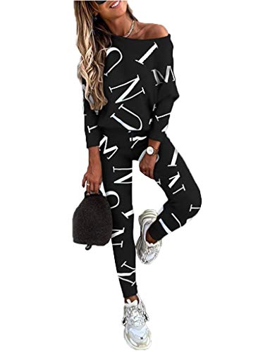 Tomwell Damen Sportanzug Traingsanzug Jogginganzug Frauen 2 Teilig Freizeitanzug Set Mode 2 Stück Set aus Sweatshirt mit Jogginghose Bequem Freizeitanzug Z1 Schwarz 1 M von Tomwell