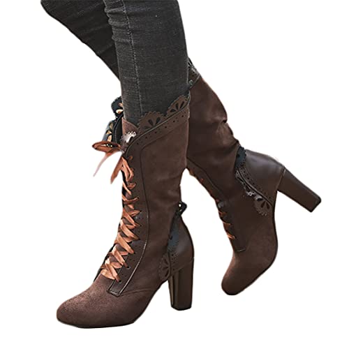 Tomwell Damen Stiefeletten Retro Comfort Schnürsenkel Frauen Ankle Boots Herbst Winter Hochhackige Damenstiefel aus Spitze Lederstiefel Knöchel Schuhe Braun 39 EU von Tomwell