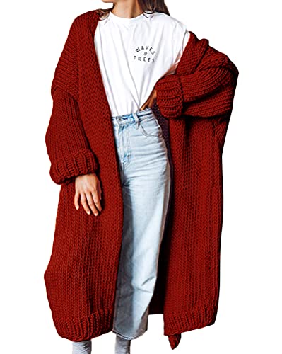 Tomwell Damen Strickjacke Lang Cardigan Casual Langarm Jacke Gestrickt Sweatshirt Oversize Pullover Langarmshirt Strickmantel A Rot XXL von Tomwell