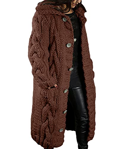 Tomwell Damen Strickjacke Lang Cardigan Übergangsjacke Strick Pullover Strickmantel Herbst Winter Grobstrick Wintermäntel Pulli Sweater Outwear Cape Gestrickt Braun 3XL von Tomwell