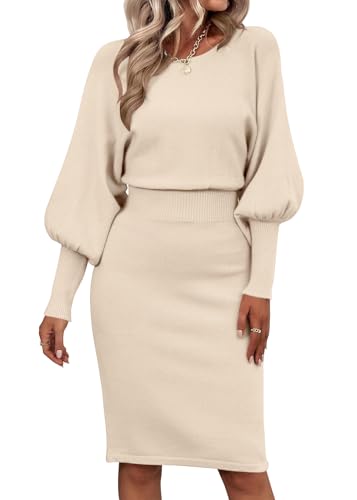 Tomwell Damen Strickkleid Einfarbig Langarm Pulloverkleid Gestricktes Wollkleid Taille Cinching Knielang Wickelrock Elegant Pullikleid A Aprikose M von Tomwell