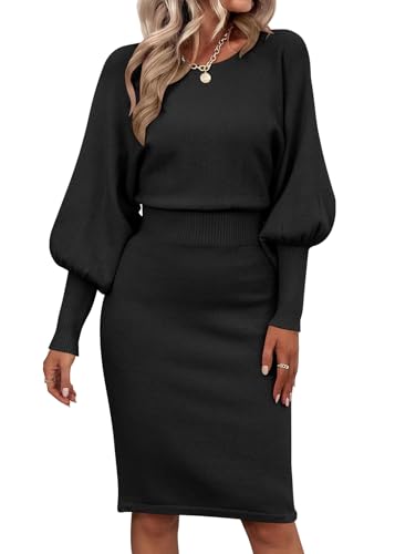 Tomwell Damen Strickkleid Einfarbig Langarm Pulloverkleid Gestricktes Wollkleid Taille Cinching Knielang Wickelrock Elegant Pullikleid A Schwarz M von Tomwell