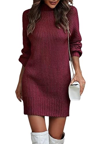 Tomwell Damen Strickkleid Winter Pulloverkleid Lose Pullikleid Elegant Partykleid Rollkragen Strickpullover Minikleid Pulloverkleid Sweaterkleid Langarmkleid A Weinrot M von Tomwell