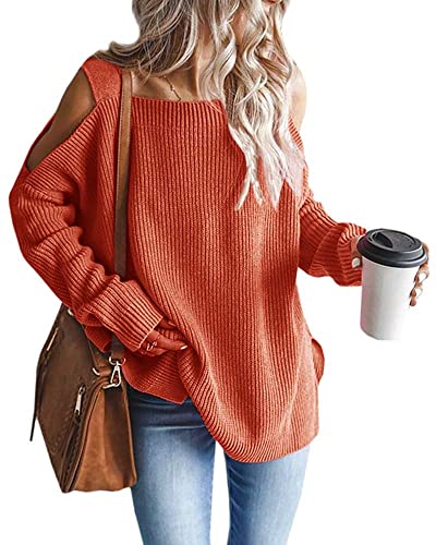 Tomwell Damen Strickpullover Kalte Schulter Lässiger Pullover Schulterfrei Langarm Warme Oversize Strickpulli Tops A Orange XL von Tomwell