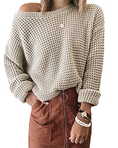 Tomwell Damen Strickpullover Langarm Elegant V-Ausschnitt Pulli Loose Oversize Einfarbig Pullover Stricken Oberteil Strickpulli Pullover A Aprikose L von Tomwell