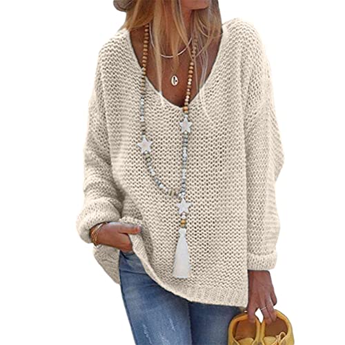 Tomwell Damen Strickpullover Langarm Elegant V-Ausschnitt Pulli Loose Oversize Einfarbig Pullover Stricken Oberteil Strickpulli Pullover Aprikose L von Tomwell