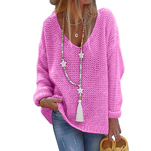 Tomwell Damen Strickpullover Langarm Elegant V-Ausschnitt Pulli Loose Oversize Einfarbig Pullover Stricken Oberteil Strickpulli Pullover Rosa L von Tomwell