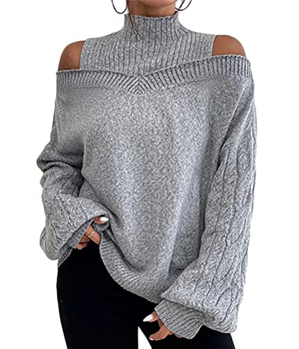 Tomwell Damen Strickwaren Halber Rollkragenpullover mit Laternenärmeln Gestreifter Strickpullover Lockerer Lässiger Strickpullover Damen Pullover B Grau M von Tomwell