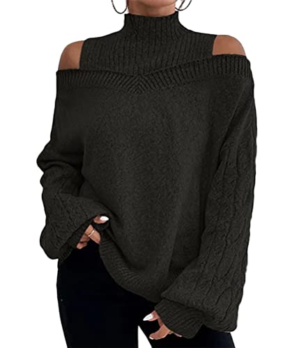 Tomwell Damen Strickwaren Halber Rollkragenpullover mit Laternenärmeln Gestreifter Strickpullover Lockerer Lässiger Strickpullover Damen Pullover B Schwarz M von Tomwell