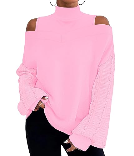 Tomwell Damen Strickwaren Halber Rollkragenpullover mit Laternenärmeln Gestreifter Strickpullover Lockerer Lässiger Strickpullover Damen Pullover E Rosa M von Tomwell