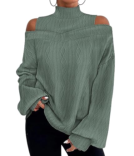 Tomwell Damen Strickwaren Halber Rollkragenpullover mit Laternenärmeln Gestreifter Strickpullover Lockerer Lässiger Strickpullover Damen Pullover F Grün M von Tomwell