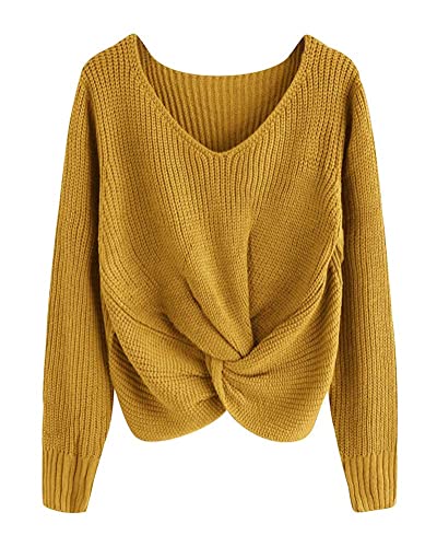 Tomwell Damen Sweater lose mit Langen Ärmeln V-Ausschnitt-Pullover Tops A Gelb 38 von Tomwell