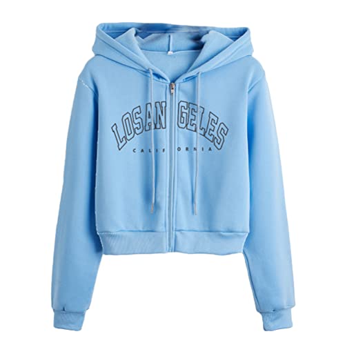 Tomwell Damen Sweatjacke Bauchfrei Kapuzenpullover Kurz Hoodie Sweatshirt Crop Pullover Kapuzenjacke Cropped Jacke mit Kordel und Zip Teenager Mädchen Sportbekleidung A Blau XS von Tomwell