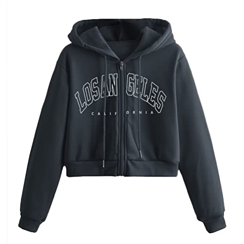 Tomwell Damen Sweatjacke Bauchfrei Kapuzenpullover Kurz Hoodie Sweatshirt Crop Pullover Kapuzenjacke Cropped Jacke mit Kordel und Zip Teenager Mädchen Sportbekleidung A Dunkelgrau L von Tomwell