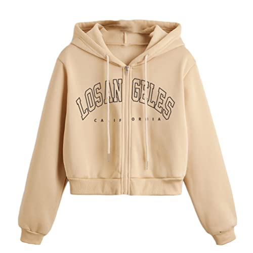 Tomwell Damen Sweatjacke Bauchfrei Kapuzenpullover Kurz Hoodie Sweatshirt Crop Pullover Kapuzenjacke Cropped Jacke mit Kordel und Zip Teenager Mädchen Sportbekleidung A Khaki M von Tomwell