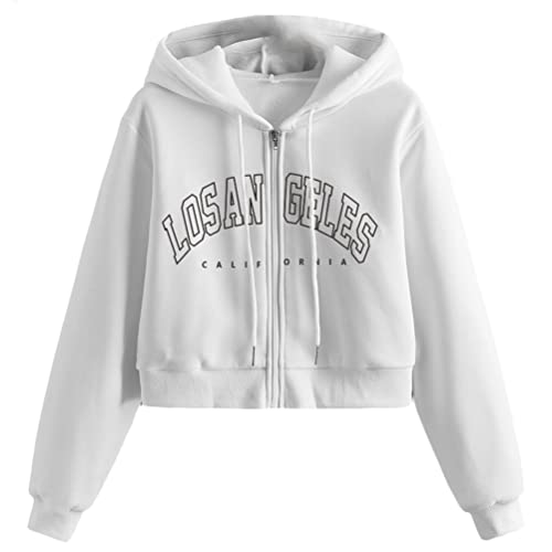 Tomwell Damen Sweatjacke Bauchfrei Kapuzenpullover Kurz Hoodie Sweatshirt Crop Pullover Kapuzenjacke Cropped Jacke mit Kordel und Zip Teenager Mädchen Sportbekleidung A Weiß S von Tomwell