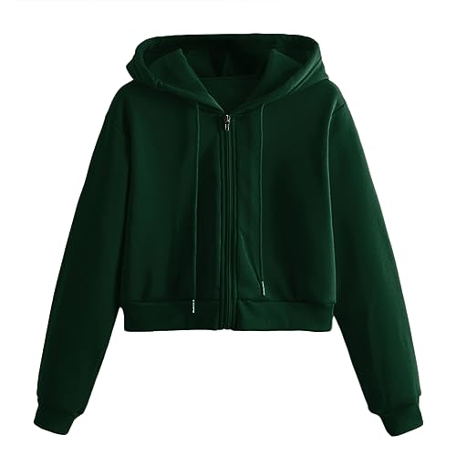 Tomwell Damen Sweatjacke Bauchfrei Kapuzenpullover Kurz Hoodie Sweatshirt Crop Pullover Kapuzenjacke Cropped Jacke mit Kordel und Zip Teenager Mädchen Sportbekleidung B Dunkelgrün XS von Tomwell