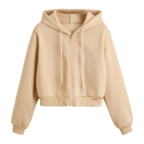 Tomwell Damen Sweatjacke Bauchfrei Kapuzenpullover Kurz Hoodie Sweatshirt Crop Pullover Kapuzenjacke Cropped Jacke mit Kordel und Zip Teenager Mädchen Sportbekleidung B Khaki M von Tomwell