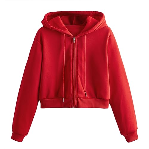 Tomwell Damen Sweatjacke Bauchfrei Kapuzenpullover Kurz Hoodie Sweatshirt Crop Pullover Kapuzenjacke Cropped Jacke mit Kordel und Zip Teenager Mädchen Sportbekleidung B Rot S von Tomwell