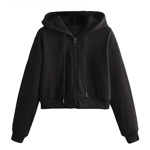 Tomwell Damen Sweatjacke Bauchfrei Kapuzenpullover Kurz Hoodie Sweatshirt Crop Pullover Kapuzenjacke Cropped Jacke mit Kordel und Zip Teenager Mädchen Sportbekleidung B Schwarz L von Tomwell