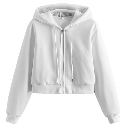 Tomwell Damen Sweatjacke Bauchfrei Kapuzenpullover Kurz Hoodie Sweatshirt Crop Pullover Kapuzenjacke Cropped Jacke mit Kordel und Zip Teenager Mädchen Sportbekleidung B Weiß L von Tomwell