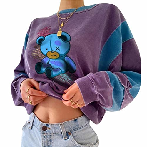 Tomwell Damen Sweatshirt Buchstaben Druck Langarm Rundhals Pullover Bauchfrei Warm Pulli Oversized Casual Bequem Teenager Mädchen Hoodie Sportbekleidung A Blau L von Tomwell