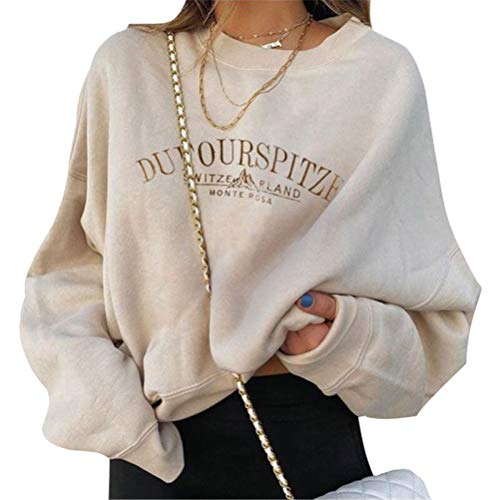 Tomwell Damen Sweatshirt Buchstaben Druck Langarm Rundhals Pullover Bauchfrei Warm Pulli Oversized Casual Bequem Teenager Mädchen Hoodie Sportbekleidung J Beige S von Tomwell