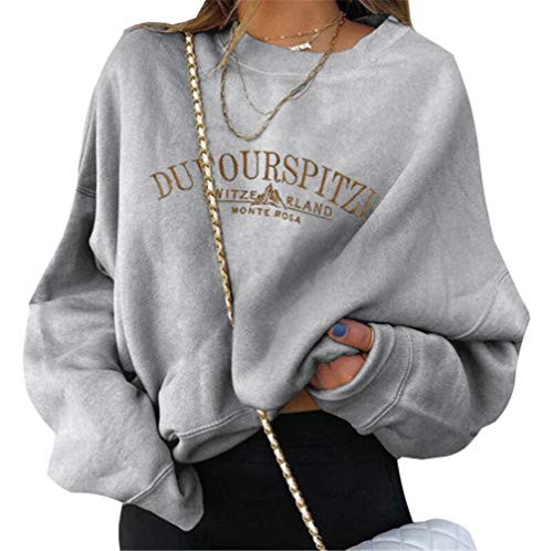 Tomwell Damen Sweatshirt Buchstaben Druck Langarm Rundhals Pullover Bauchfrei Warm Pulli Oversized Casual Bequem Teenager Mädchen Hoodie Sportbekleidung J Grau L von Tomwell