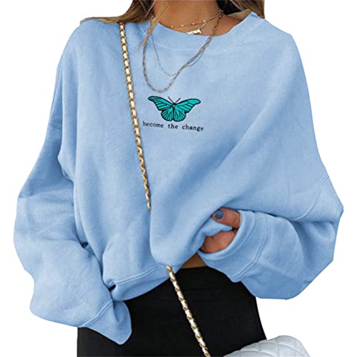 Tomwell Damen Sweatshirt Buchstaben Druck Langarm Rundhals Pullover Bauchfrei Warm Pulli Oversized Casual Bequem Teenager Mädchen Hoodie Sportbekleidung J1 Blau XS von Tomwell