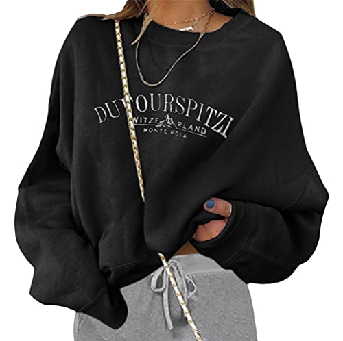 Tomwell Damen Sweatshirt Buchstaben Druck Langarm Rundhals Pullover Bauchfrei Warm Pulli Oversized Casual Bequem Teenager Mädchen Hoodie Sportbekleidung Mit Taschen J Schwarz XS von Tomwell