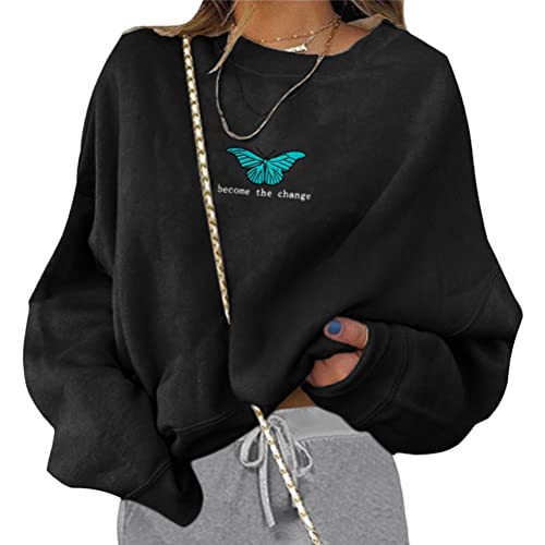 Tomwell Damen Sweatshirt Buchstaben Druck Langarm Rundhals Pullover Bauchfrei Warm Pulli Oversized Casual Bequem Teenager Mädchen Hoodie Sportbekleidung Mit Taschen J1 Schwarz XS von Tomwell