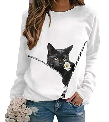 Tomwell Damen Sweatshirt Rundhals Lange Ärmel 3D Drucken Katzenmuster T-Shirt Lässiges Top Herbst Winter A Weiß L von Tomwell