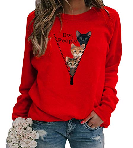 Tomwell Damen Sweatshirt Rundhals Lange Ärmel 3D Drucken Katzenmuster T-Shirt Lässiges Top Herbst Winter B Rot L von Tomwell