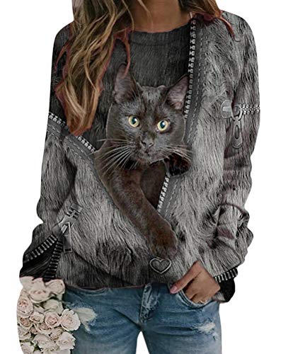 Tomwell Damen Sweatshirt Winter Tshirt Langarm Top Cartoon 3D Druck Katzen-Muster Langarmshirt Weihnachten Pulli Freizeit Bluse Herbst Shirts Hemd Rundhals Pullover A Schwarz M von Tomwell