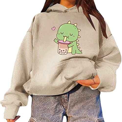 Tomwell Damen Sweatshirt mit Dinosaurier Muster Langarm Kapuzenpullover Warm Rundhals Pulli Oversized Hoodie Casual Bequem Vintage Pullover Teenager Mädchen Sportbekleidung A Beige XL von Tomwell