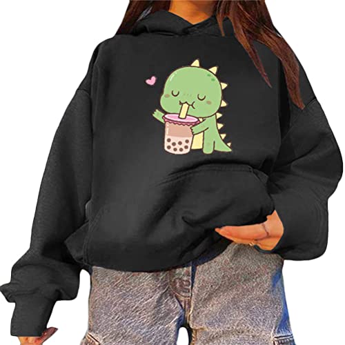 Tomwell Damen Sweatshirt mit Dinosaurier Muster Langarm Kapuzenpullover Warm Rundhals Pulli Oversized Hoodie Casual Bequem Vintage Pullover Teenager Mädchen Sportbekleidung A Schwarz S von Tomwell