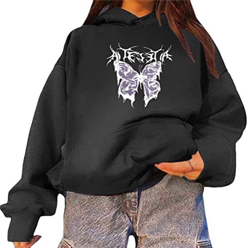 Tomwell Damen Sweatshirt mit Dinosaurier Muster Langarm Kapuzenpullover Warm Rundhals Pulli Oversized Hoodie Casual Bequem Vintage Pullover Teenager Mädchen Sportbekleidung B Schwarz XXL von Tomwell