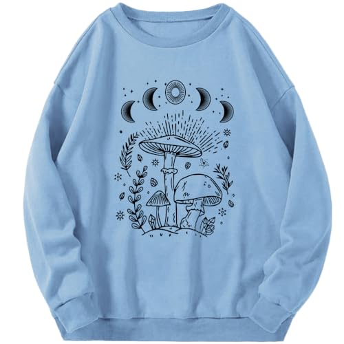 Tomwell Damen Sweatshirt ohne Kapuze Oversized Vintage Pullover Briefe Drucken Langarm Retro Lockerer Langarmshirt Teenager Mädchen Herbst Winter Pulli G Blau M von Tomwell