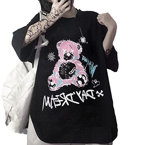 Tomwell Damen T-Shirt Kawaii Sommer Kurzarm Lose Hemd Shirt Anime Cartoon Oversize Rundhals Sweatshirt Oberteil Japan Harajuku Gothic Kpop Fashion Pastel Goth Lässige Tops Schwarz H XXL von Tomwell