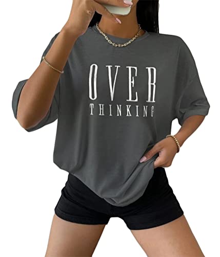 Tomwell Damen T-Shirt Kurzarm Sport Sommer Oberteile Oversized T-Shirt mit Buchstaben Druck Sweatshirt Lose Rundhals Bluse Teenager Mädchen Top Tunika Lang A Dunkelgrau XL von Tomwell