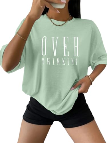 Tomwell Damen T-Shirt Kurzarm Sport Sommer Oberteile Oversized T-Shirt mit Buchstaben Druck Sweatshirt Lose Rundhals Bluse Teenager Mädchen Top Tunika Lang A Hellgrün L von Tomwell