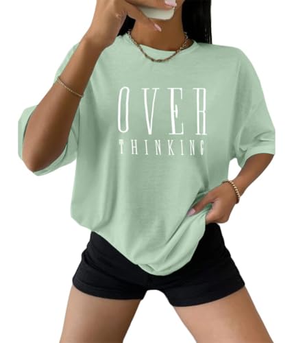 Tomwell Damen Tshirt Kurzarm Sommer Oberteile Oversized T-Shirt mit Buchstaben Druck Lose Rundhals Sport Shirt Teenager Mädchen Top Tunika Lang A Hellgrün XL von Tomwell