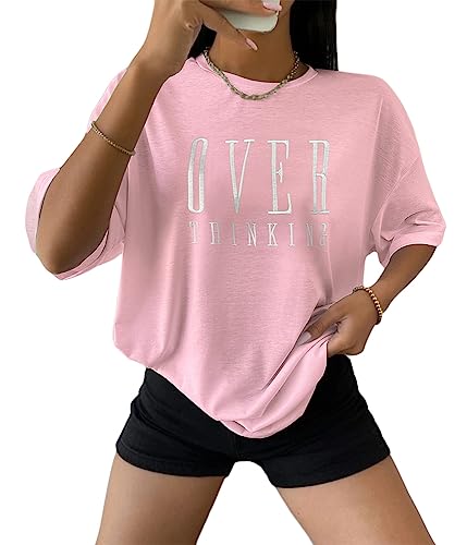 Tomwell Damen T-Shirt Kurzarm Sport Sommer Oberteile Oversized T-Shirt mit Buchstaben Druck Sweatshirt Lose Rundhals Bluse Teenager Mädchen Top Tunika Lang A Rosa L von Tomwell